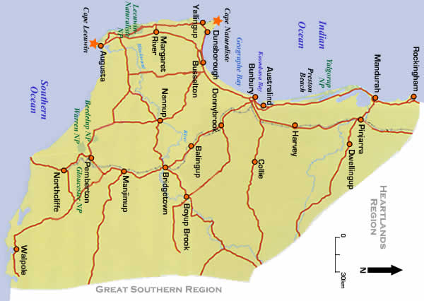 click to enlarge map of south west coast of western australia