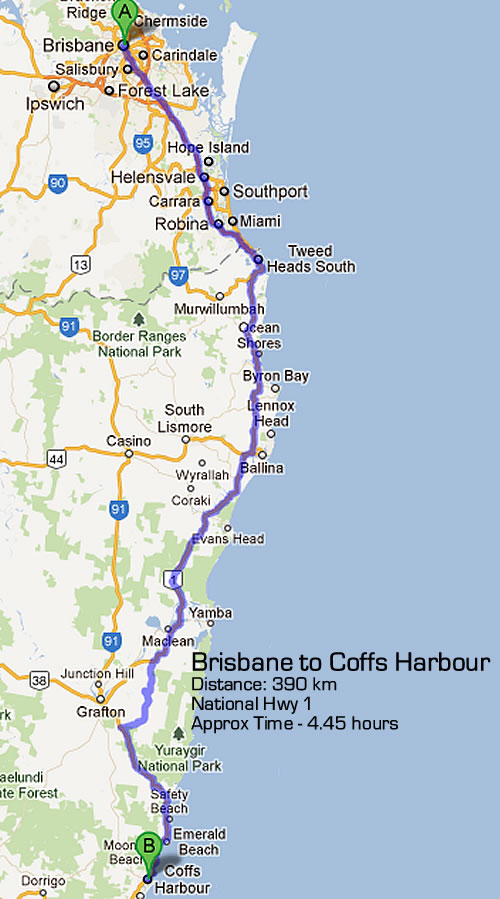 Brisbane to Coffs Harbour Road Map