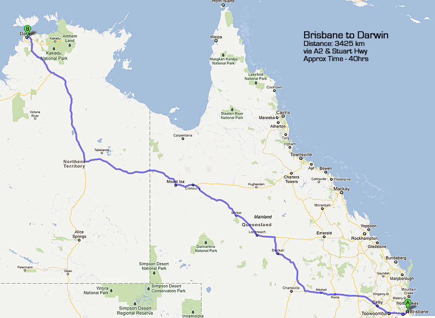 Road Map - Brisbane to Darwin
