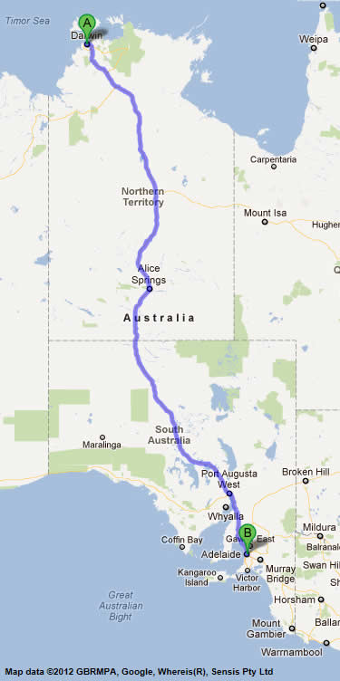 Darwin to Adelaide Road map and Driving Directions